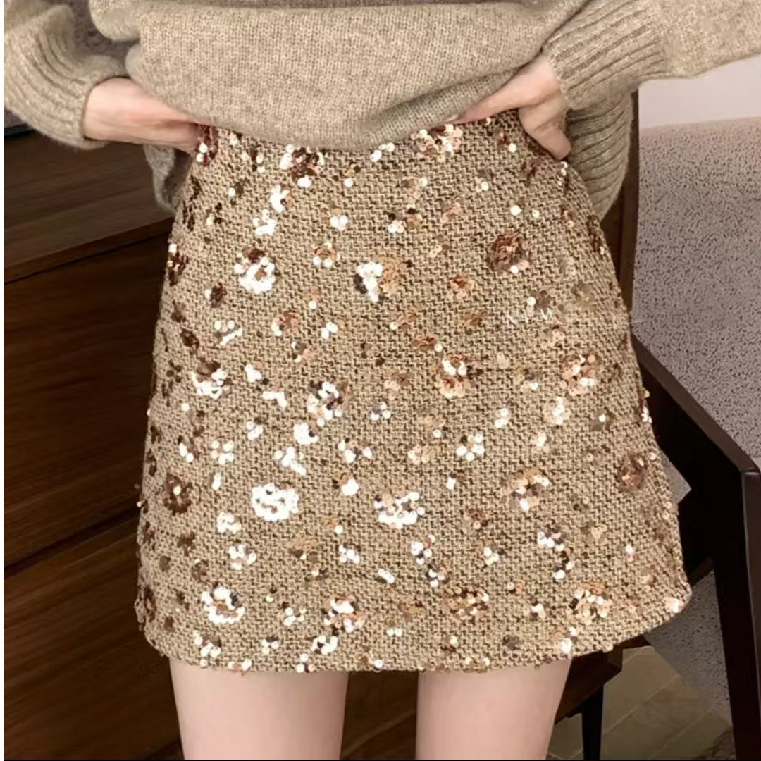 显瘦重工亮片A字裙松紧腰气质秋冬网红裙子百搭时尚