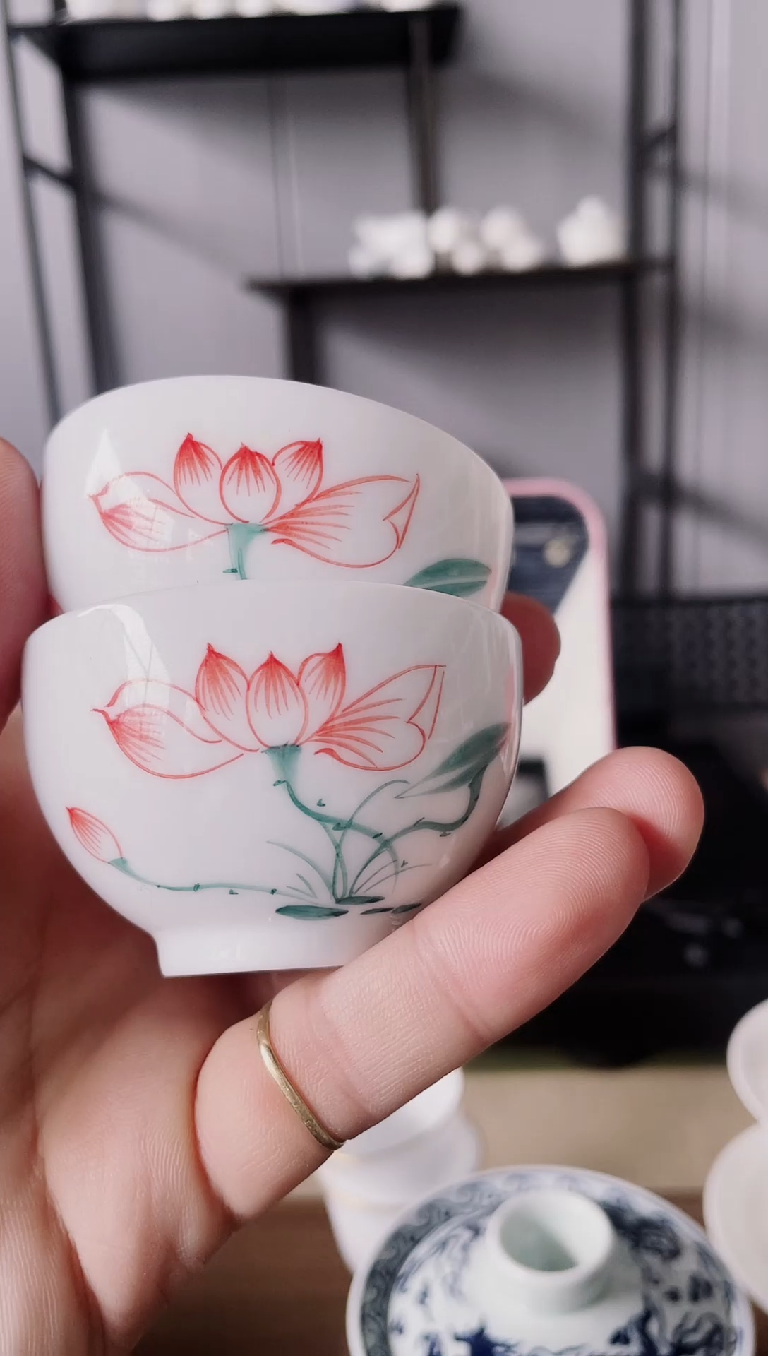 【闪购商品】【席欢李商城】手绘荷花碗杯4个