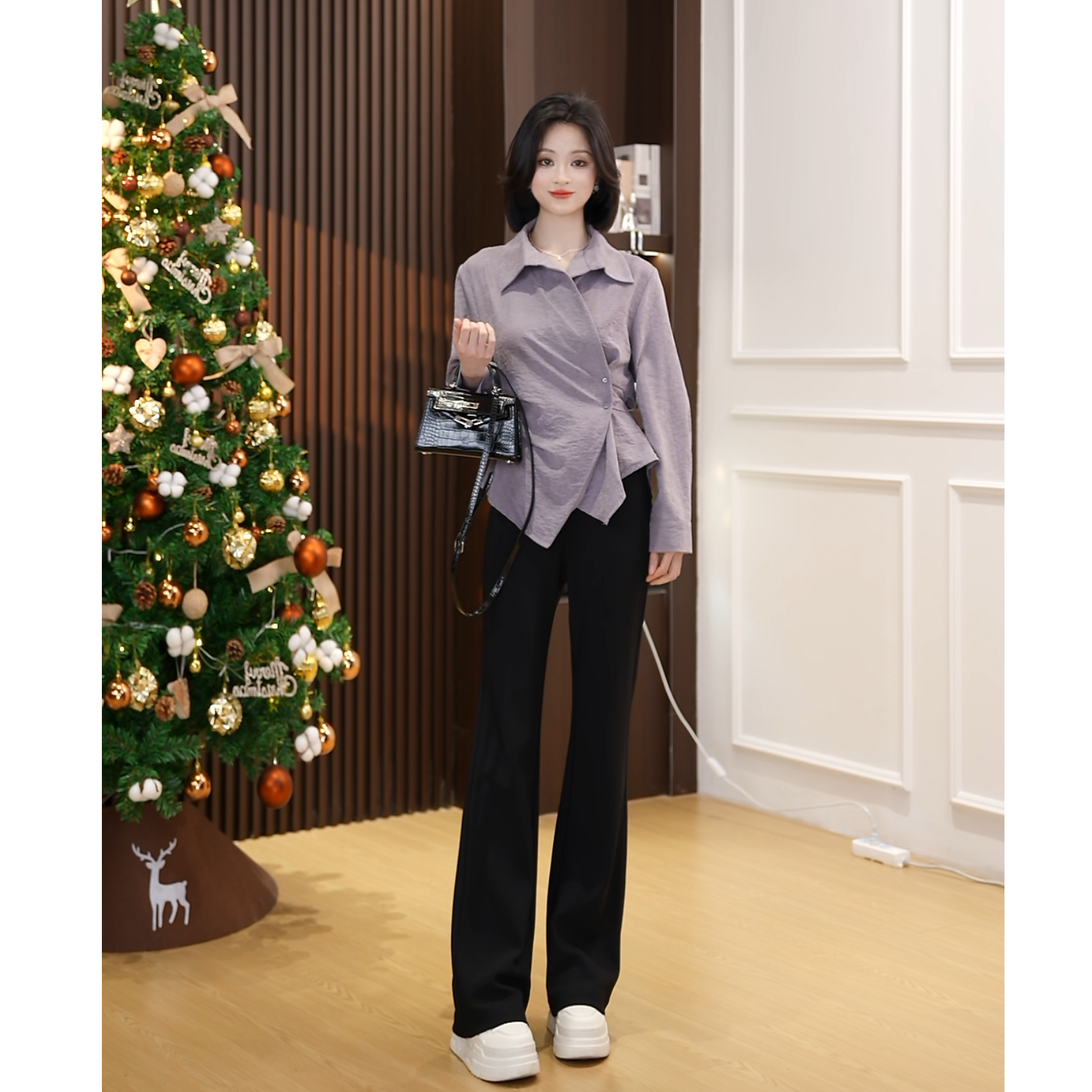 【小爽Eris】温柔风紫色翻领斜襟显瘦掐腰设计感上衣女