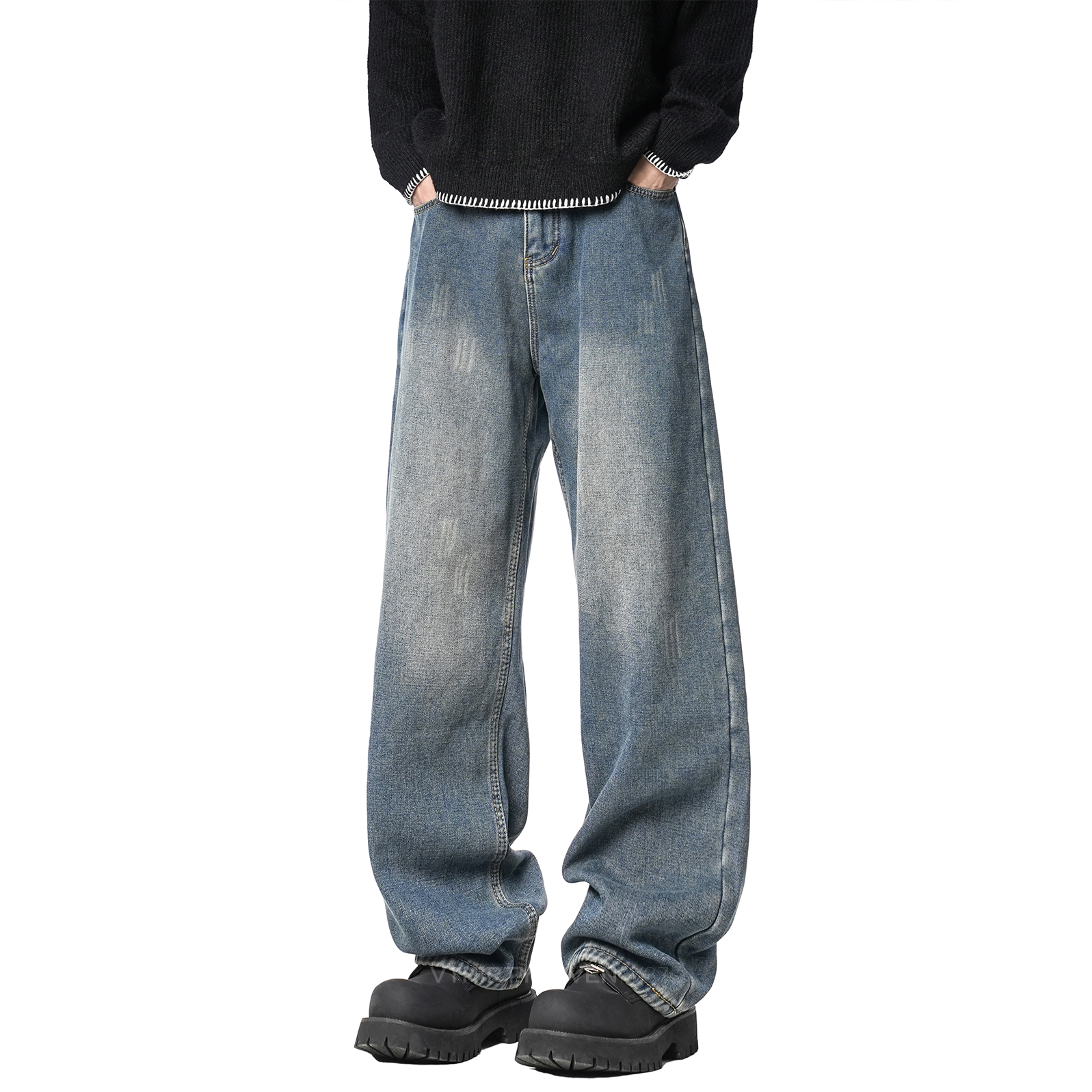 V37复古蓝做旧牛仔裤男款秋冬季美式高街潮流宽松直筒阔腿裤子潮