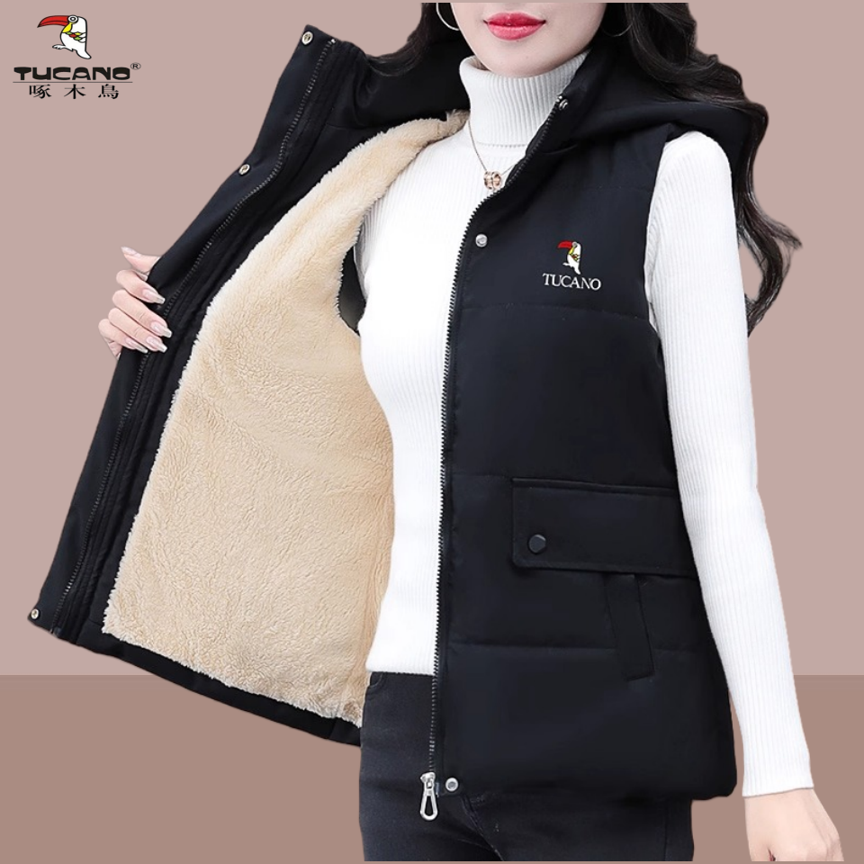 啄木鸟加绒加厚棉马甲女秋冬季2025新款外穿保暖马夹休闲连帽上衣