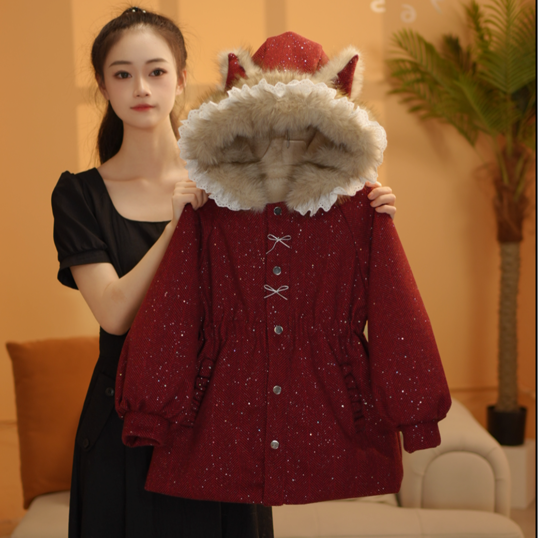 女童组合冬季2025年圣诞新年连帽加厚加绒外套测6