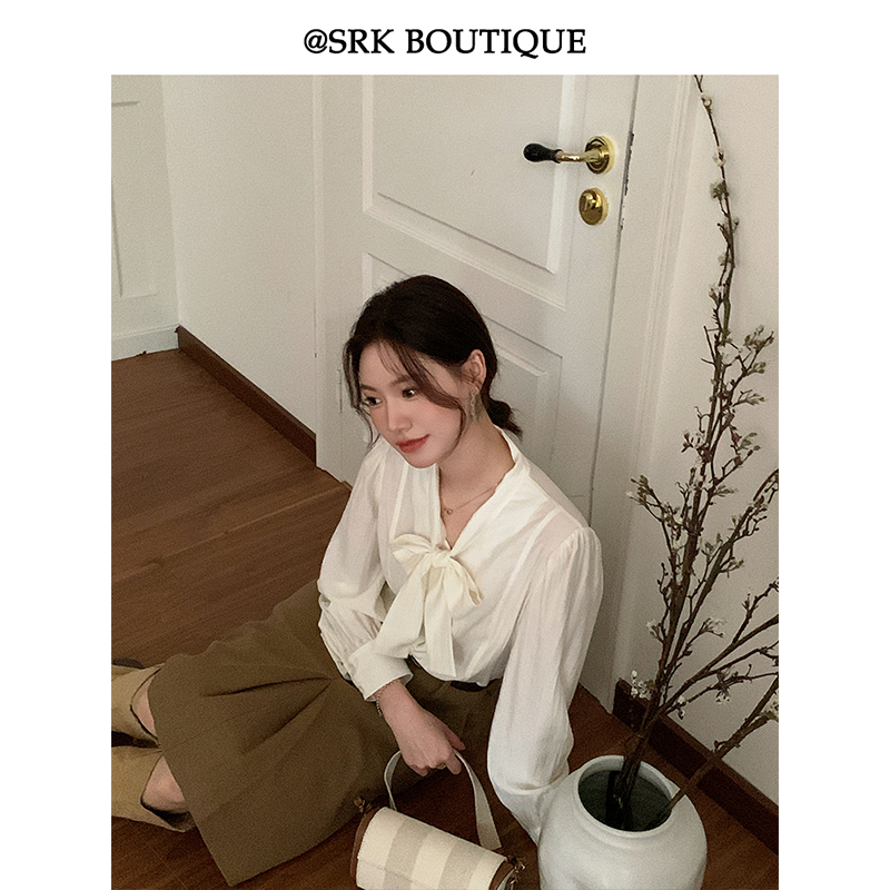 SRK 法式蝴蝶结绑定衬衫高级肌理感宽松显瘦长袖杏色新款S2QW0398