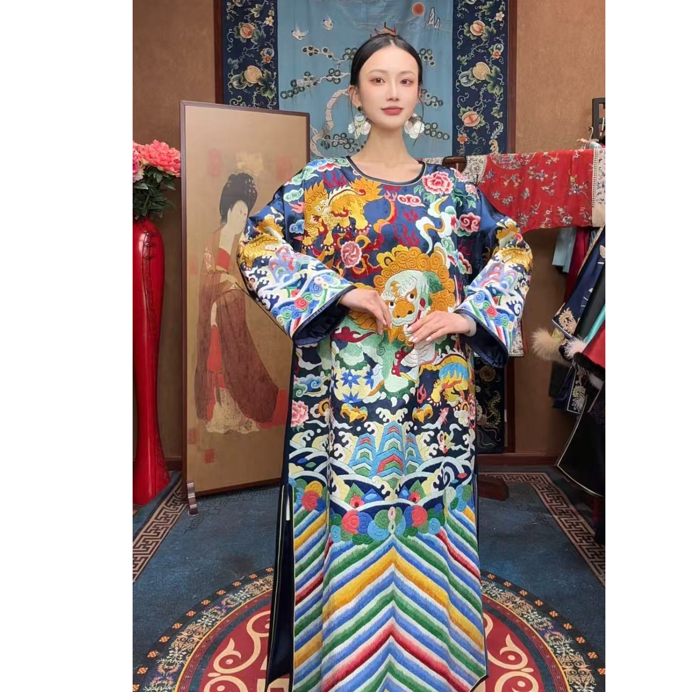 中国风高中长裙新中式连衣裙圆领大摆裙无领无袖