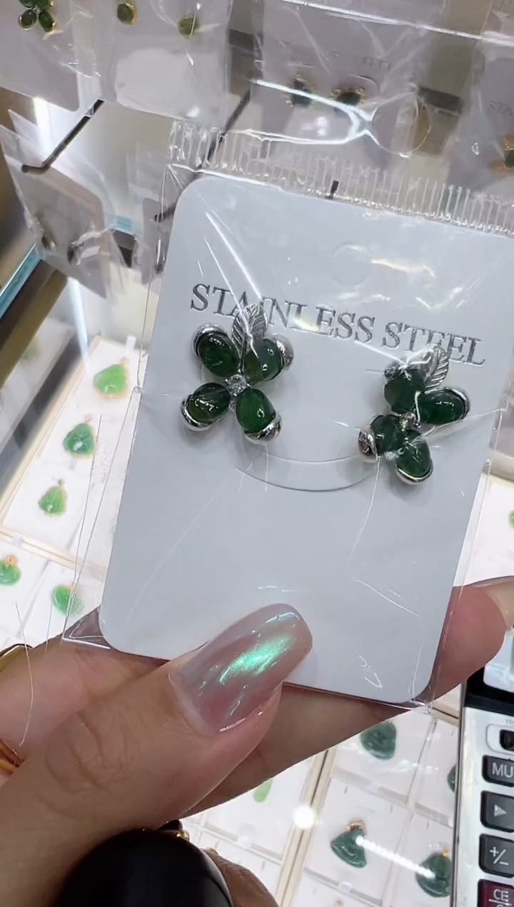 银S925镀金镶嵌和田玉耳饰@@