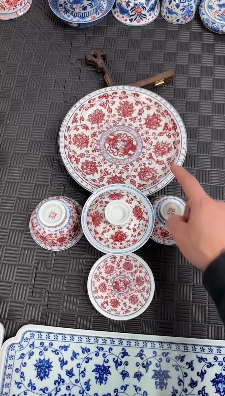 盖碗瓷天****灵景德镇陶瓷茶具纯釉里红缠枝莲套组