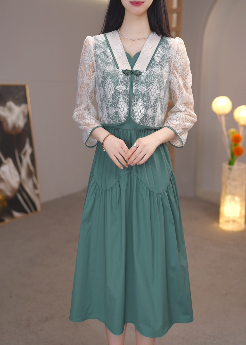 【定制套装】B227图片色连衣裙优雅气质时尚减龄休闲显瘦春季两件套