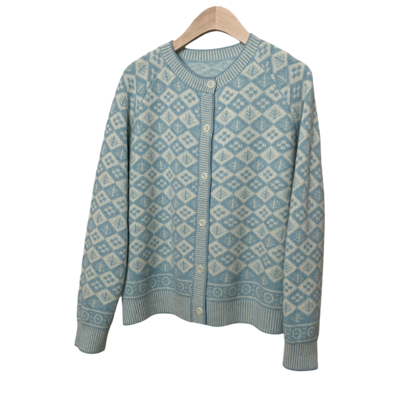 复古费尔岛提花羊毛开衫女士秋冬新款圆领针织衫外套洋气减龄上衣