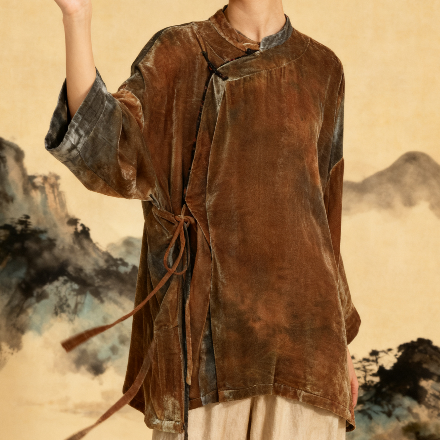 秋茸旧梦丝绒盘扣斜襟上衣复古长袖