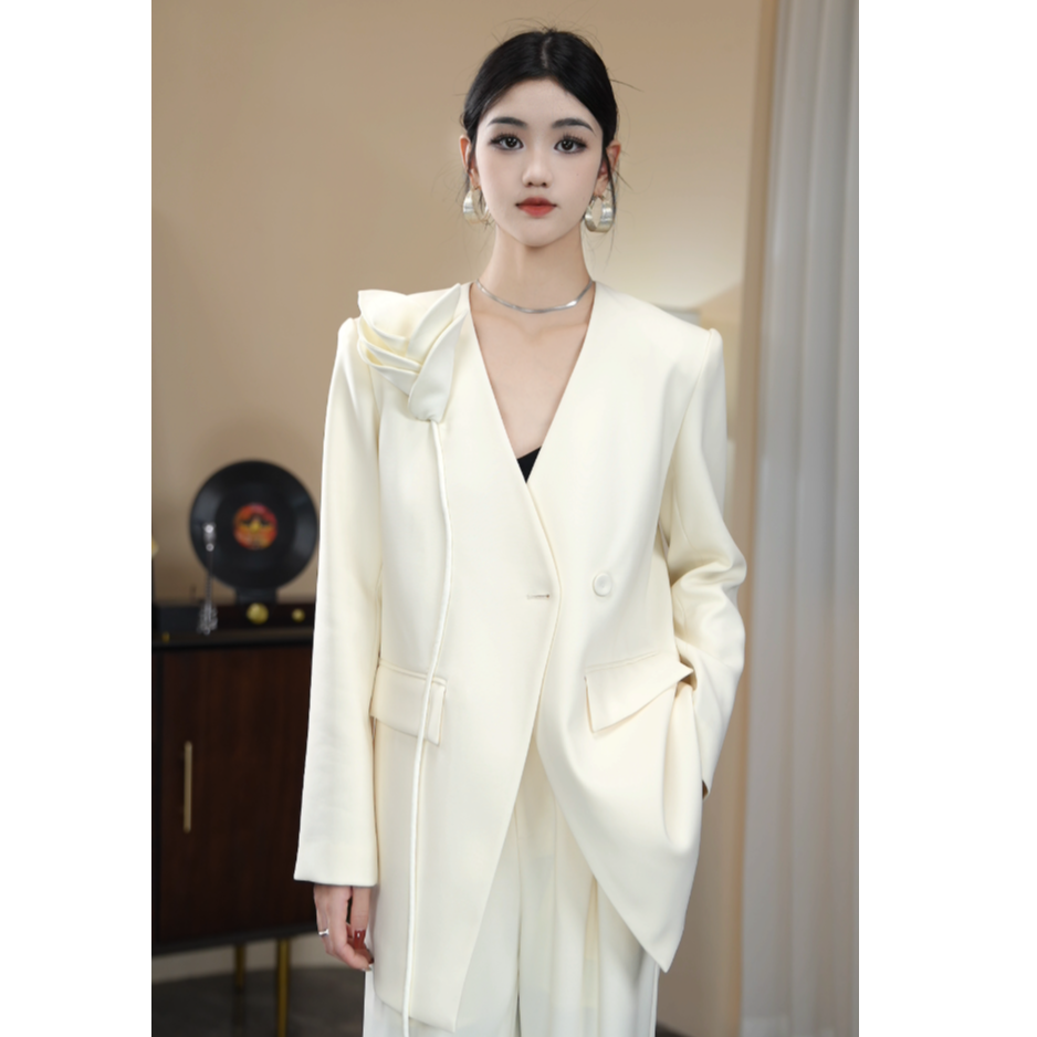 ZEROYK深圳南油原创设计师款 立体手工花西装 长裤套装两件套