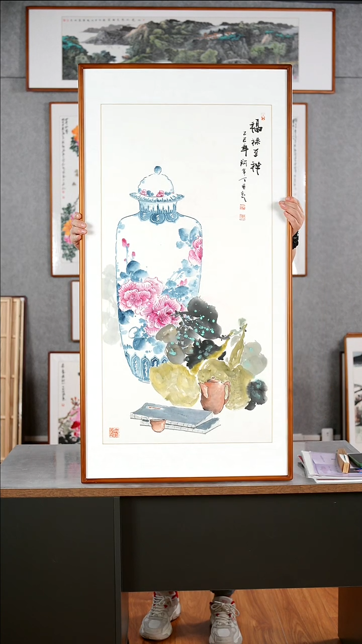 国画阿里丁《福禄至祥》含框122*62