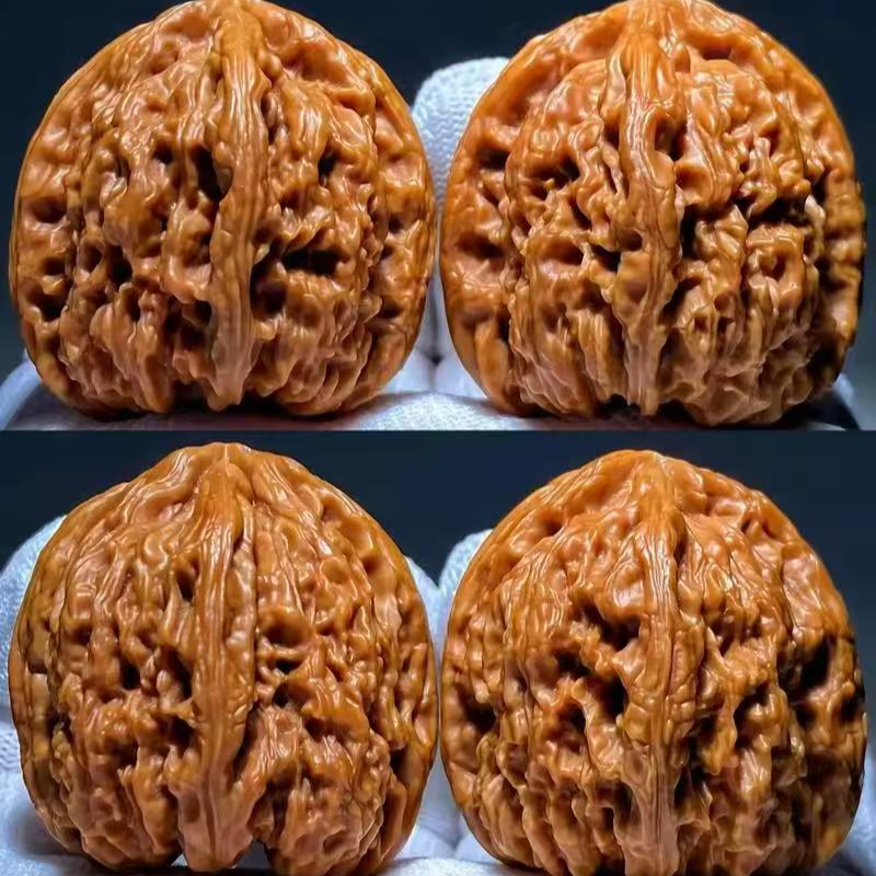 精品文玩四座楼狮子头官帽核桃手把件可盘玩