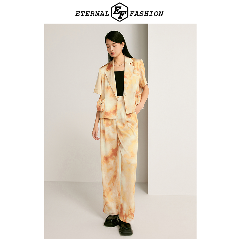 【昕昕严选】EF经典复古套装2025春夏印染短外套高腰直筒裤两件套E1
