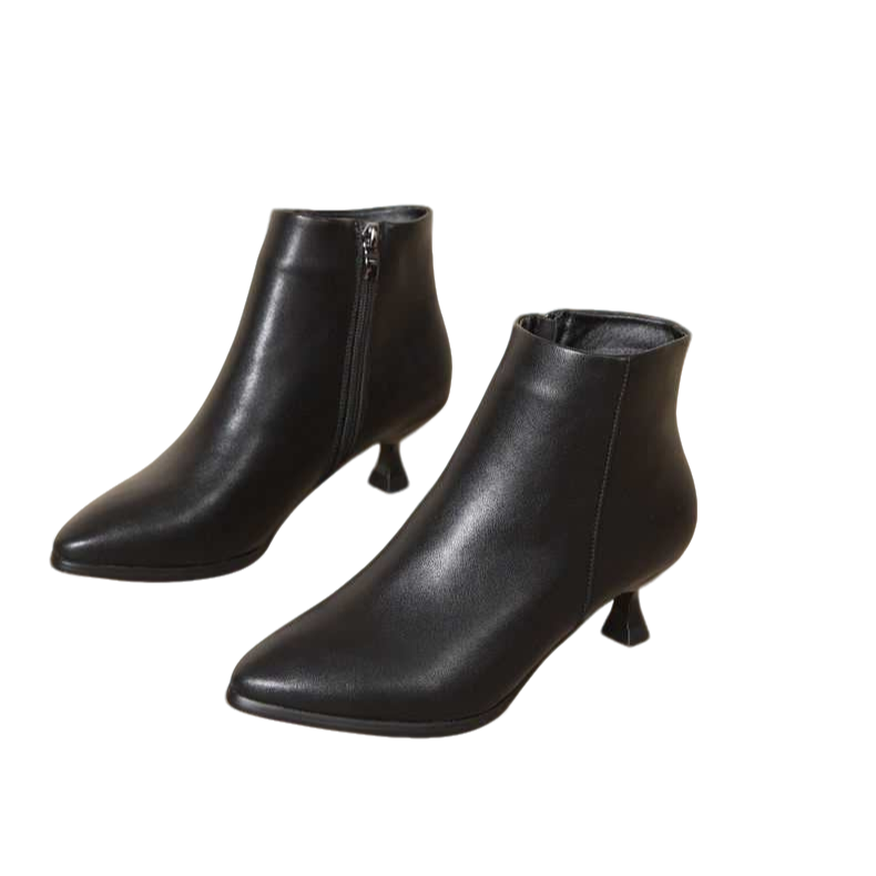 休闲风冬季尖头粘胶粗跟圆头短靴中跟秋季防滑侧拉链