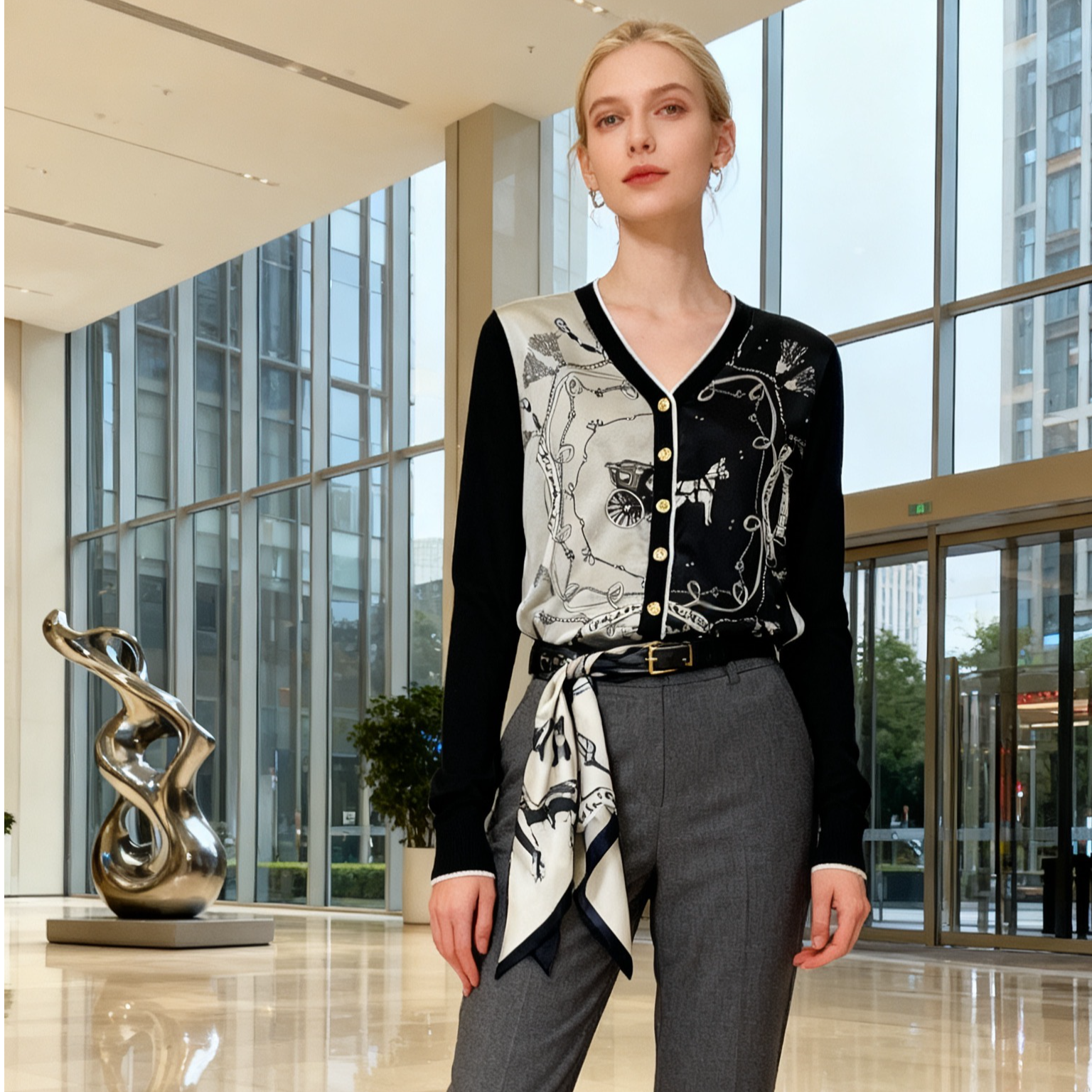 2025秋【马术风情】 AW   25295  桑蚕丝印花拼接绢丝羊毛上衣