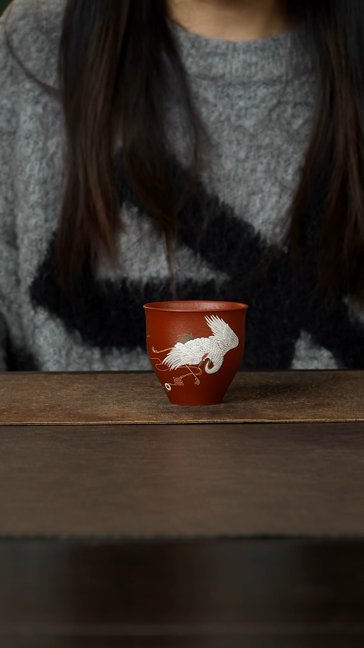 茶杯紫砂杯研所 瑞鹤呈祥 花神杯 朱泥110cc