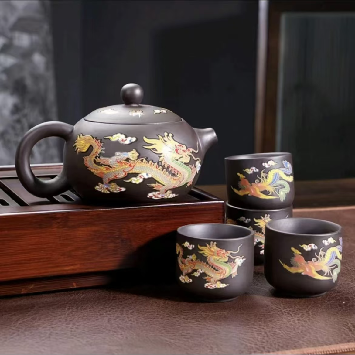变色紫砂茶壶龙凤呈祥凤鸣壶大容量（一壶四杯）