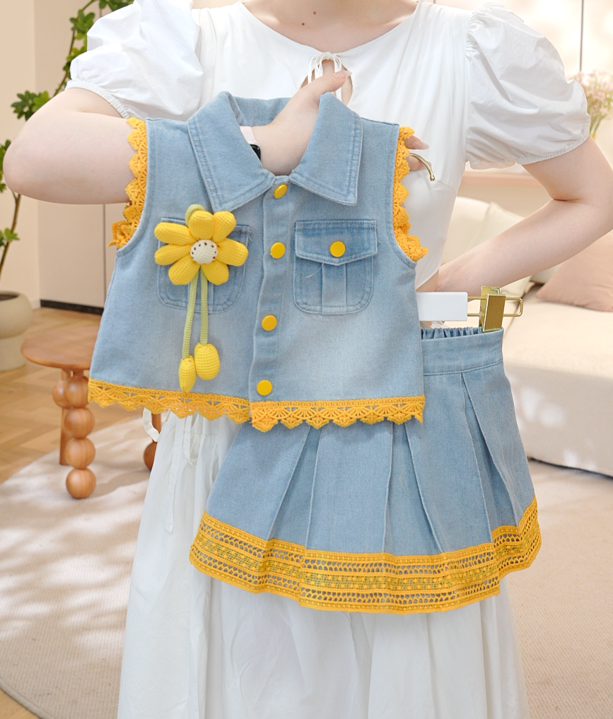 夏季女童洋气花朵牛仔上衣短裤两件套S17473