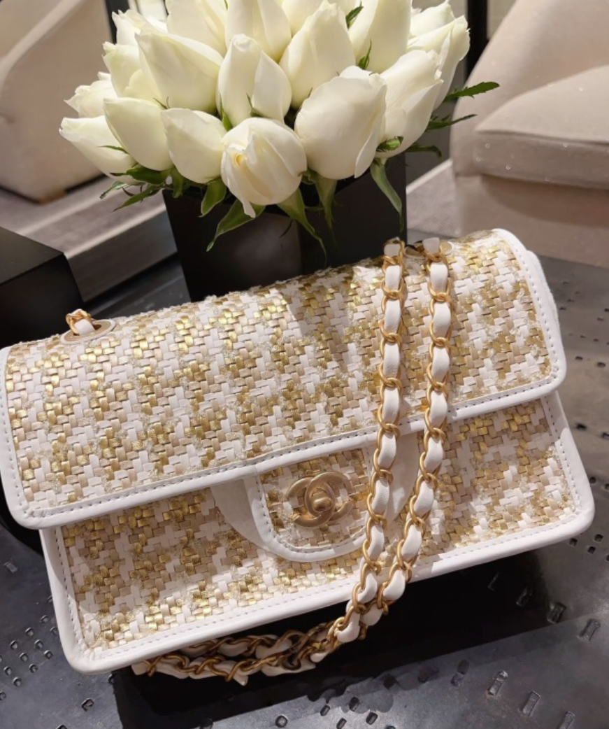 95新 Chanel/香奈儿 23C白金金扣CF季节款编织单肩包 底长23 芯片
