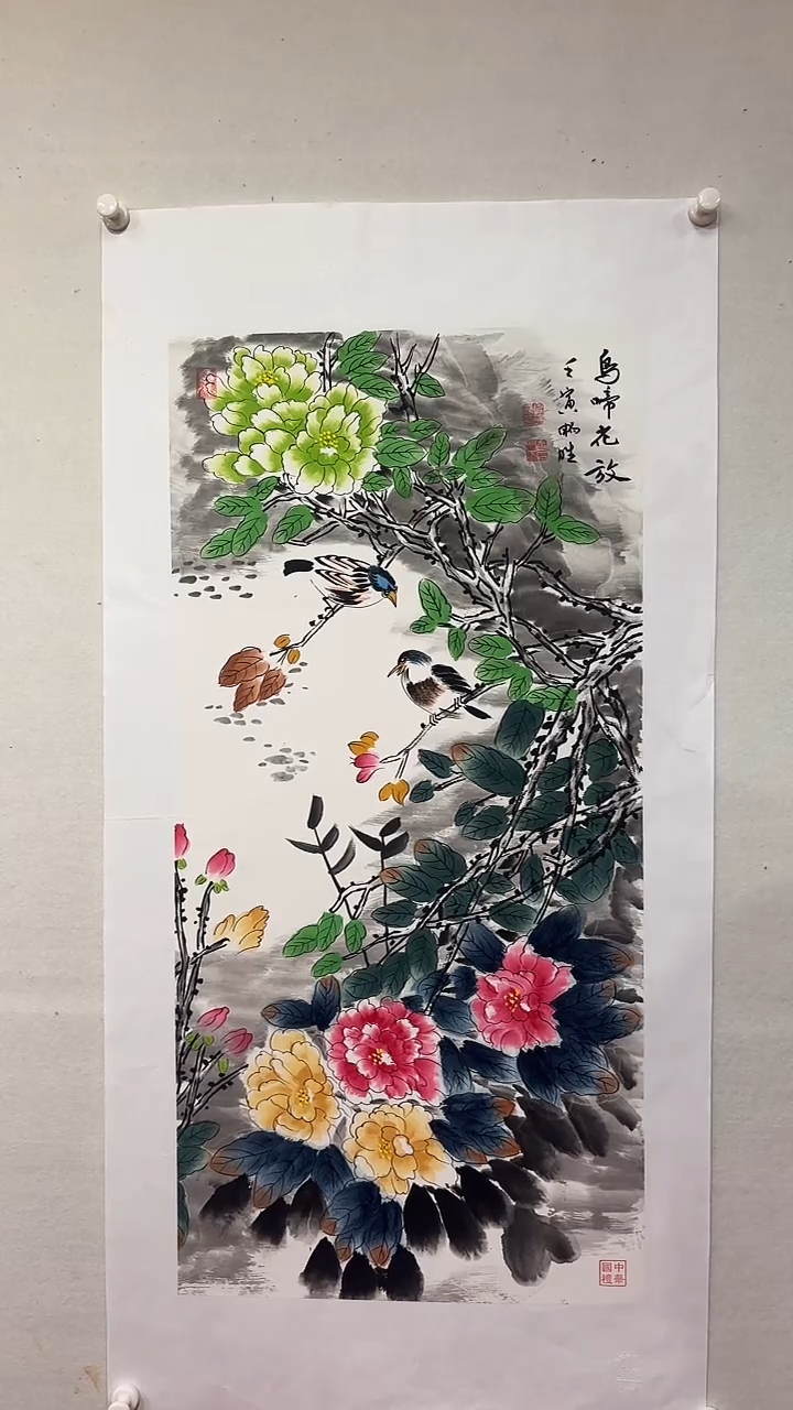 国画鸟啼花放/3尺托底/雷畅胜