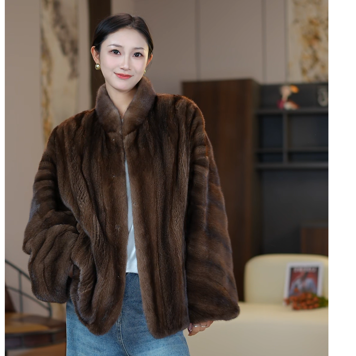 进口天鹅绒短二抽刀小立领水貂