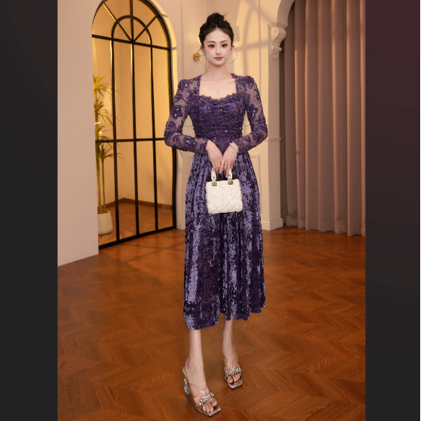 【显瘦定制】紫色礼服宴会气质法式连衣裙千金风长裙秋季21921