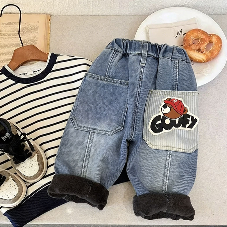 冬款牛仔长裤加绒(一体绒)儿童装男冬季韩版冬季儿童牛仔裤洋气