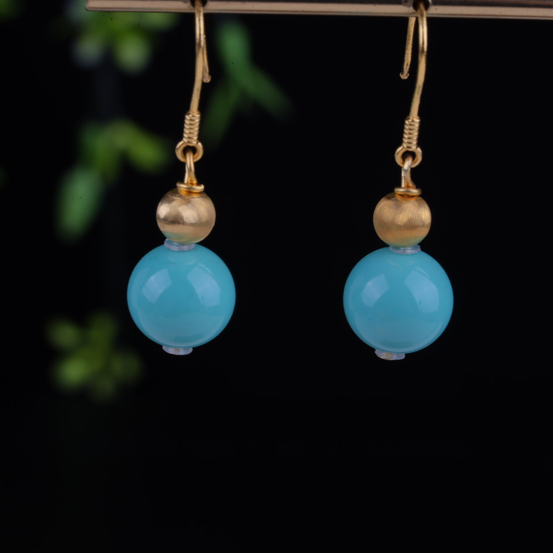 天然绿松石9m+圆珠18k金耳钩