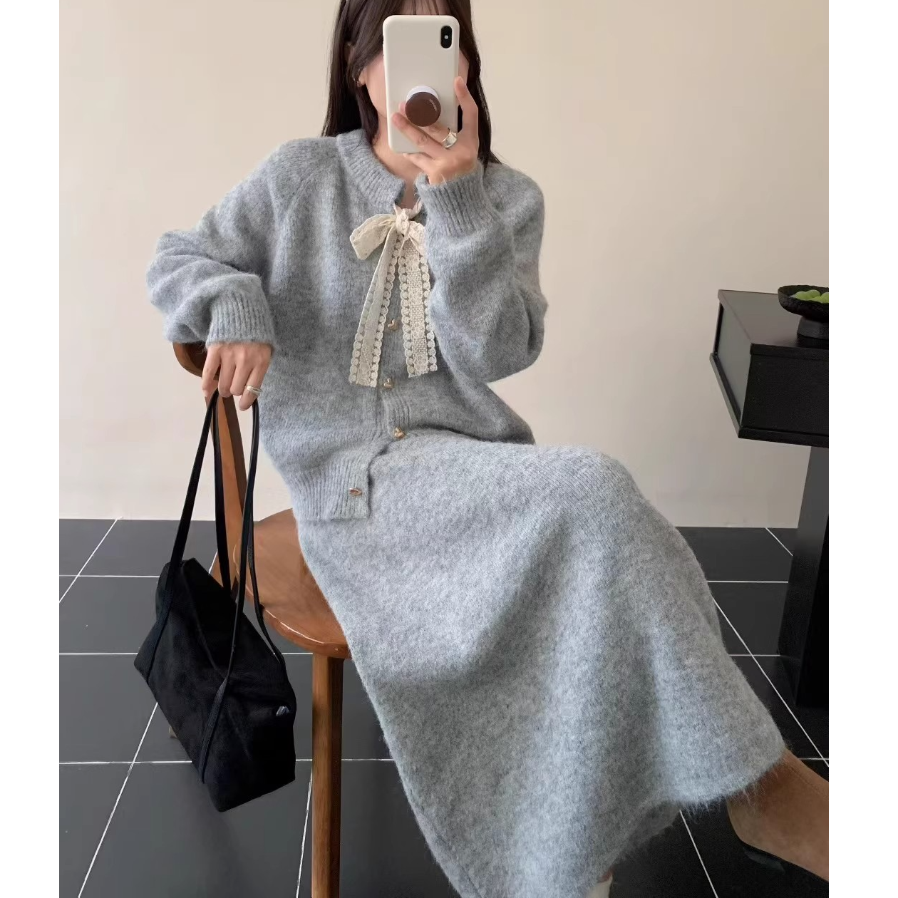 MISU/糜素蕾丝系带开衫+半身裙高档两件套秋冬新款高质量套装裙