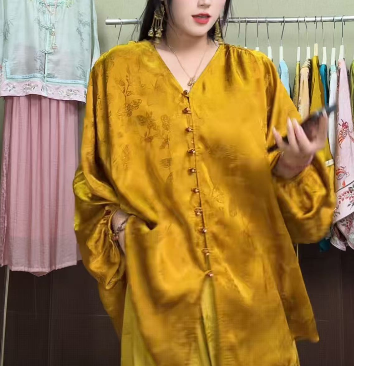 【漫江南】新中式新款宽松禅意上衣复古提花新中式V领