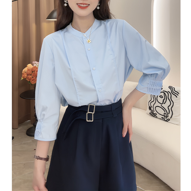 法式小清新蓝色立领盐系衬衫女2024秋季新款七分袖复古设计感小衫