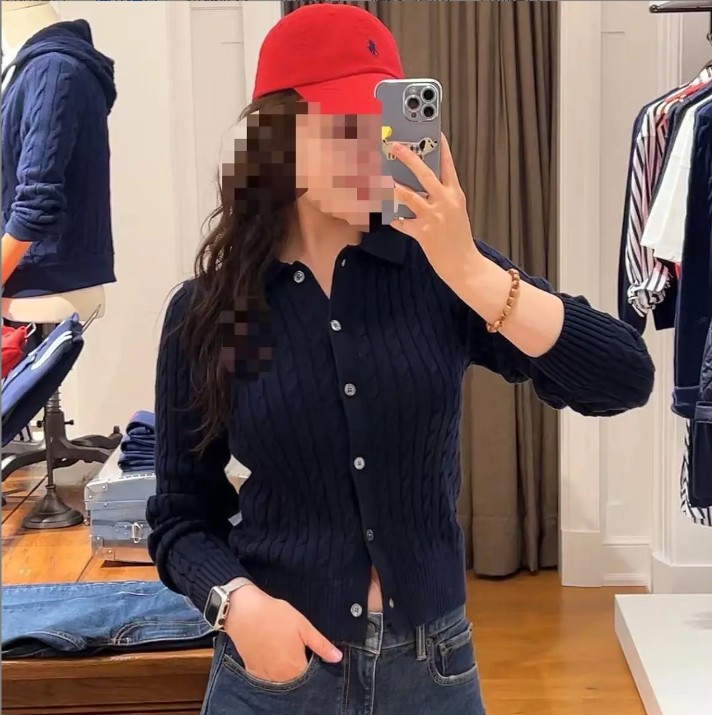 韩版气质绞花翻领针织开衫女春秋款老钱风纯色polo领毛衫