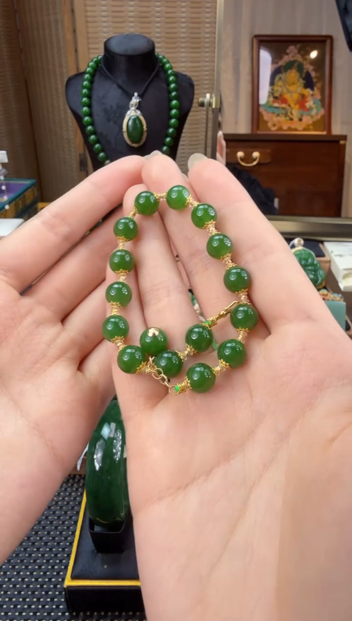 【闪购商品】和田玉（碧玉）手串18K金镶嵌 