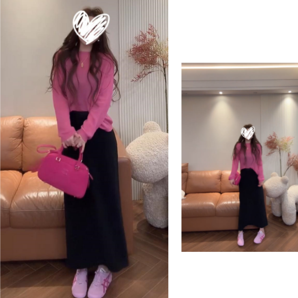 韩系慵懒风气质百搭极简长袖针织上衣高腰百搭开叉中长半身裙套装