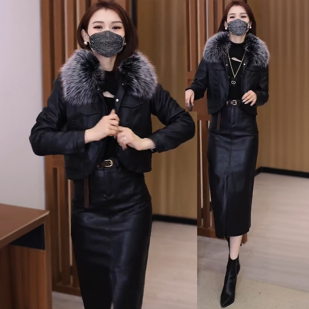 La babite加绒加厚套装女2025秋冬季新款短款外套半身裙两件套