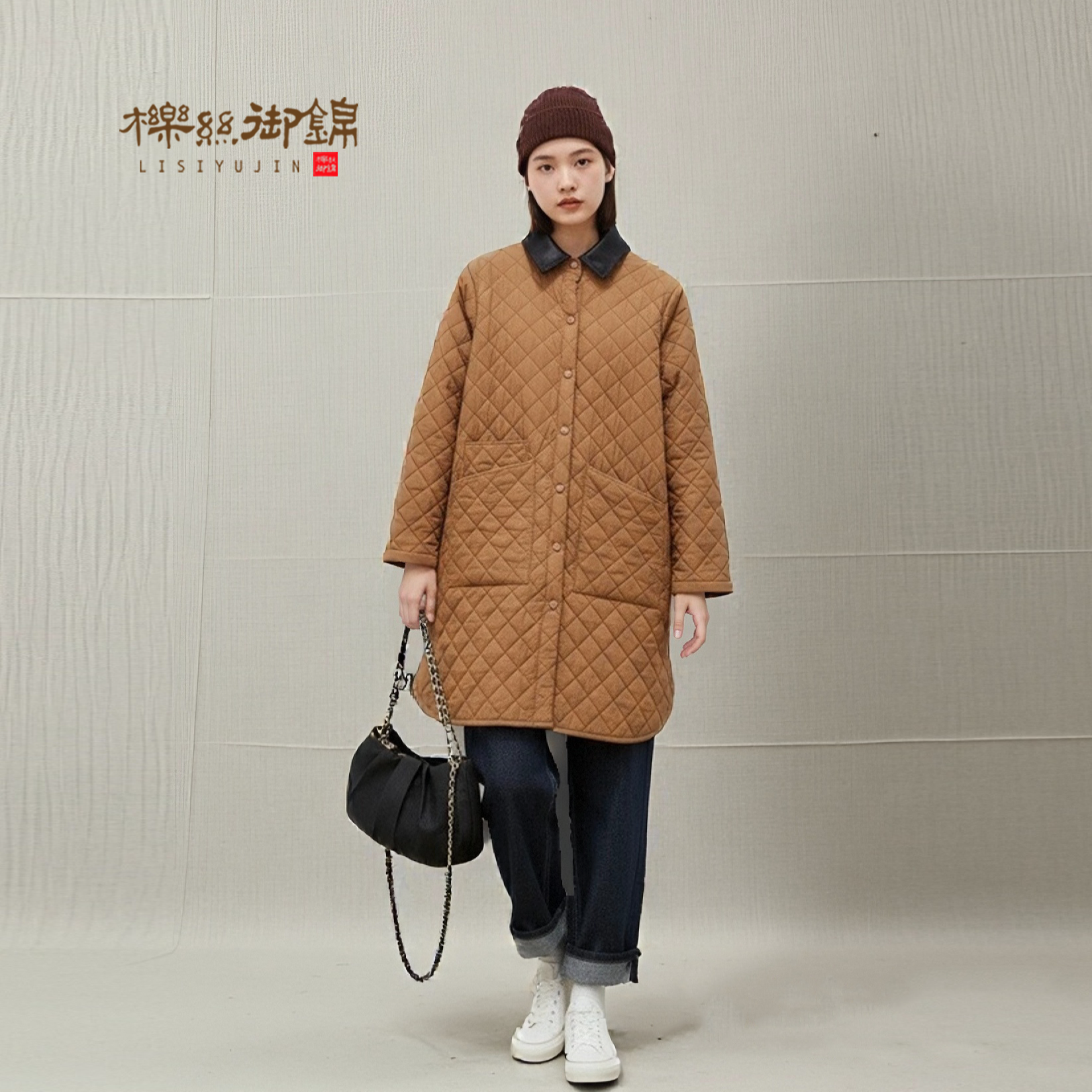 櫟丝御锦柞蚕丝冬季女款时尚休闲中长款保暖绗线棉衣翻领棉衣 018