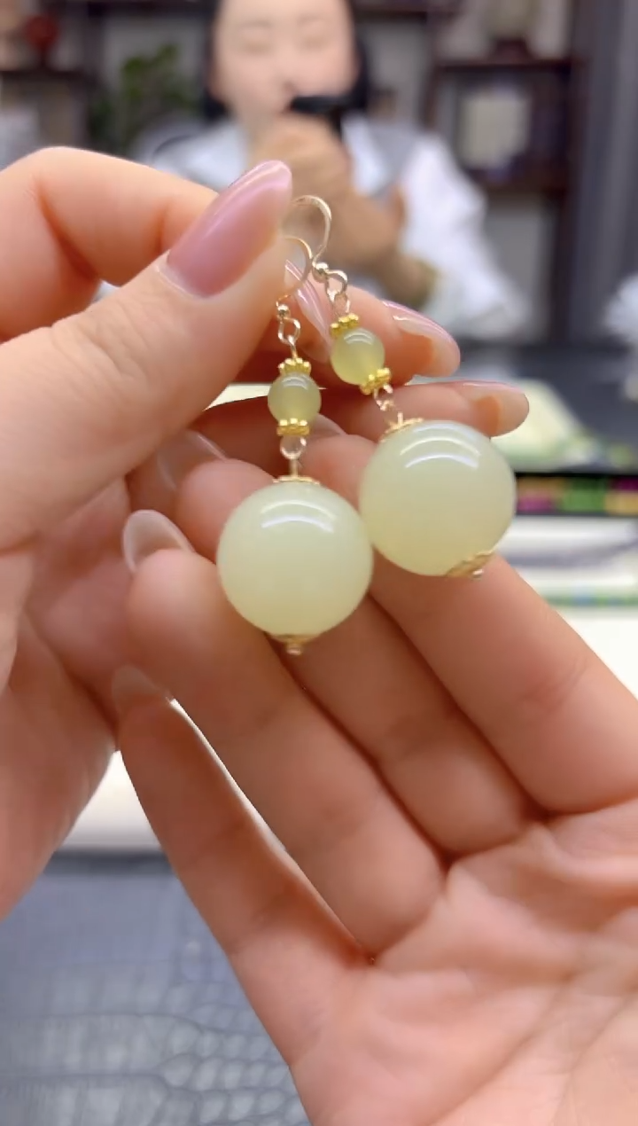 14K金镶嵌和田玉耳饰DIY款E969