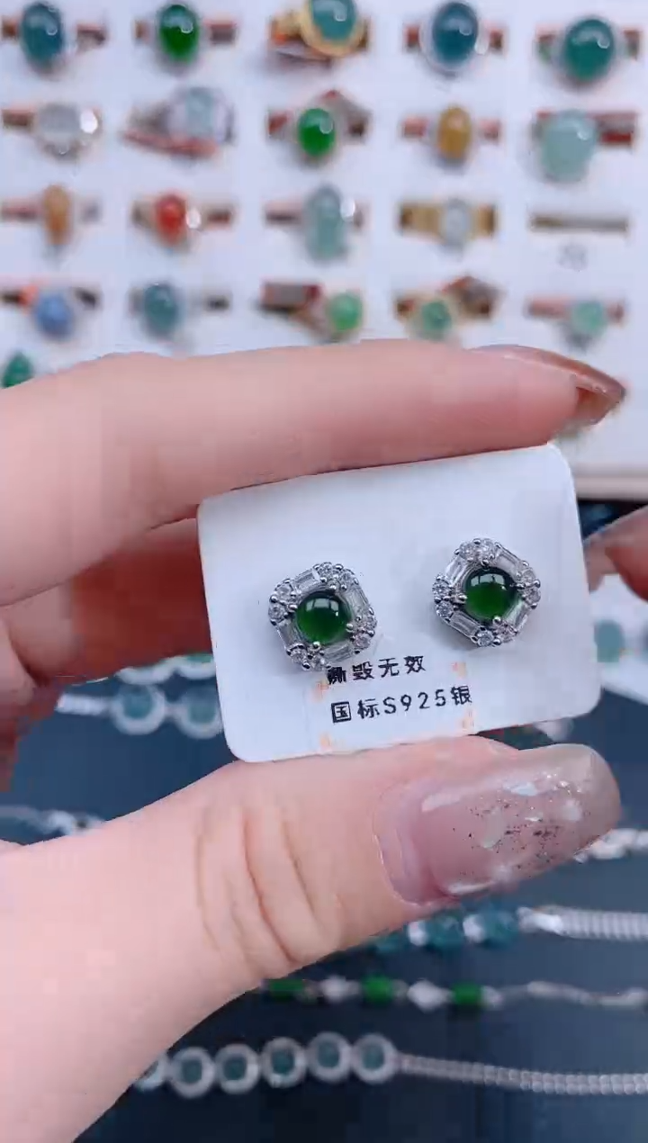 银S925镶嵌翡翠耳饰天然翡翠