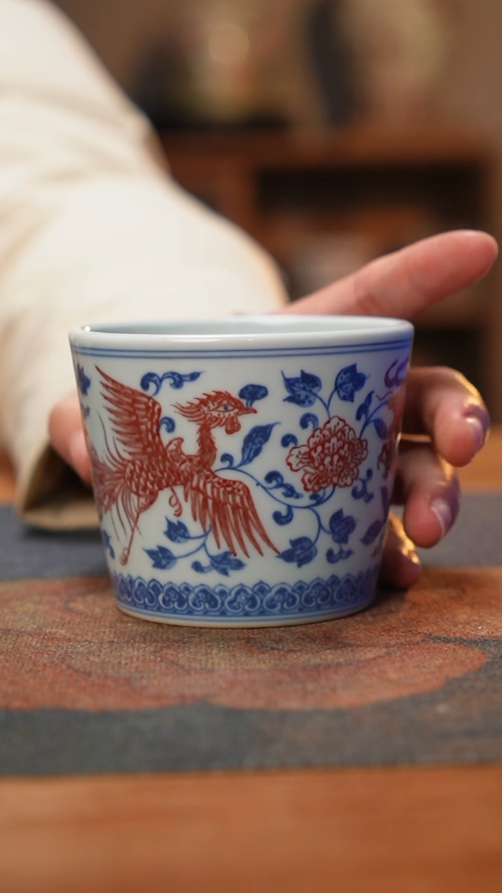 【闪购商品】贵红窑青花釉里红龙凤穿花纹冰桶杯