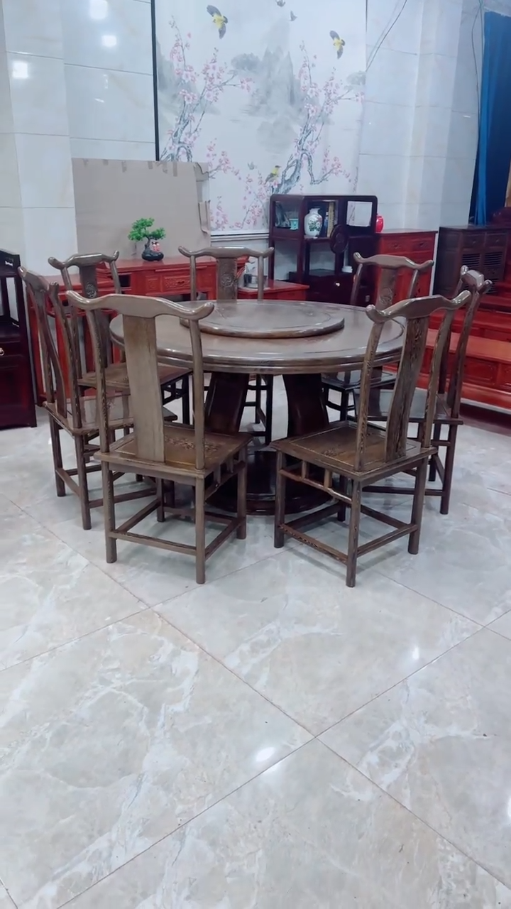 鸡翅木类成套家具鸡翅木圆桌7件套