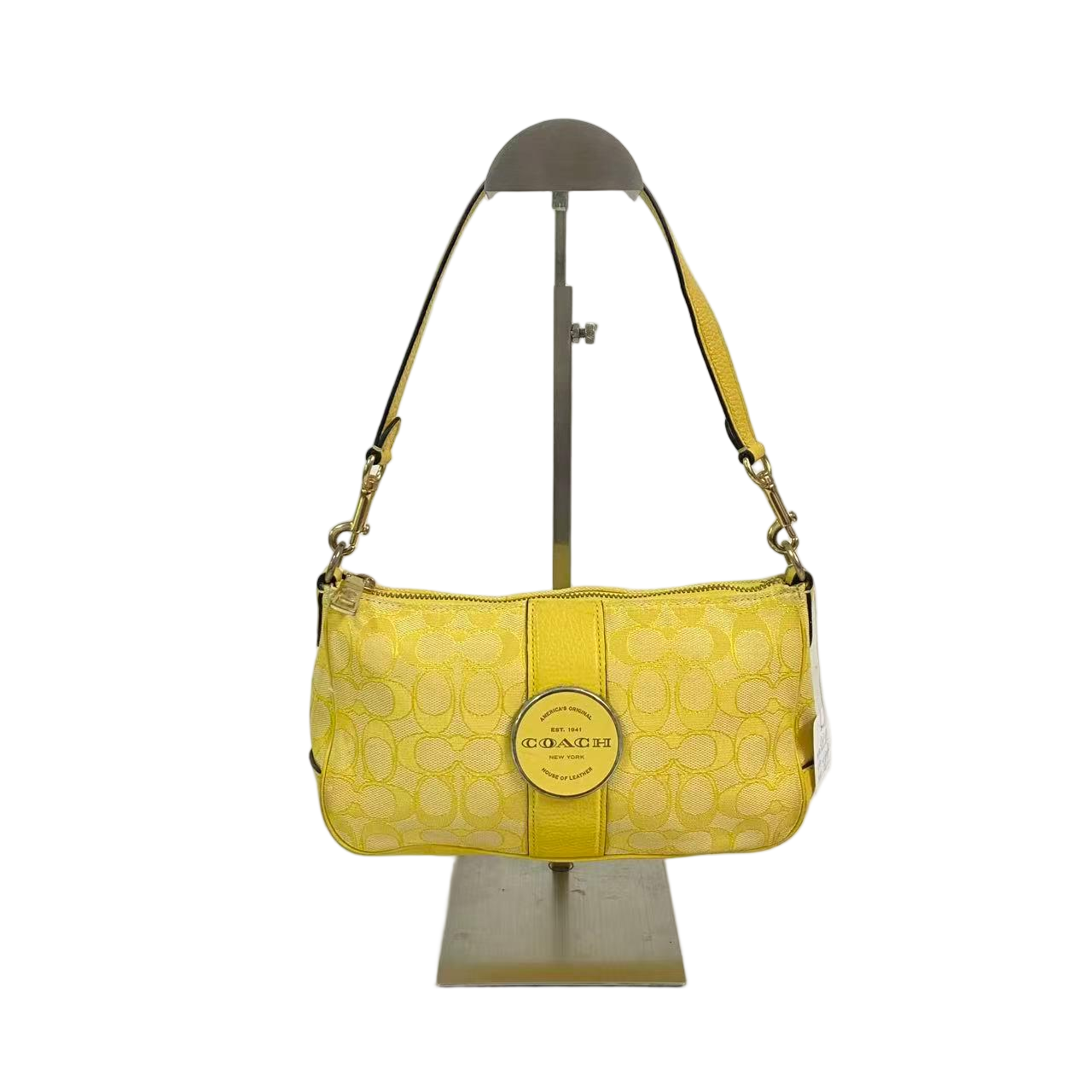 95新 COACH/蔻驰 黄色老花帆布拼皮中古绿色手提单肩包SH-31114-A
