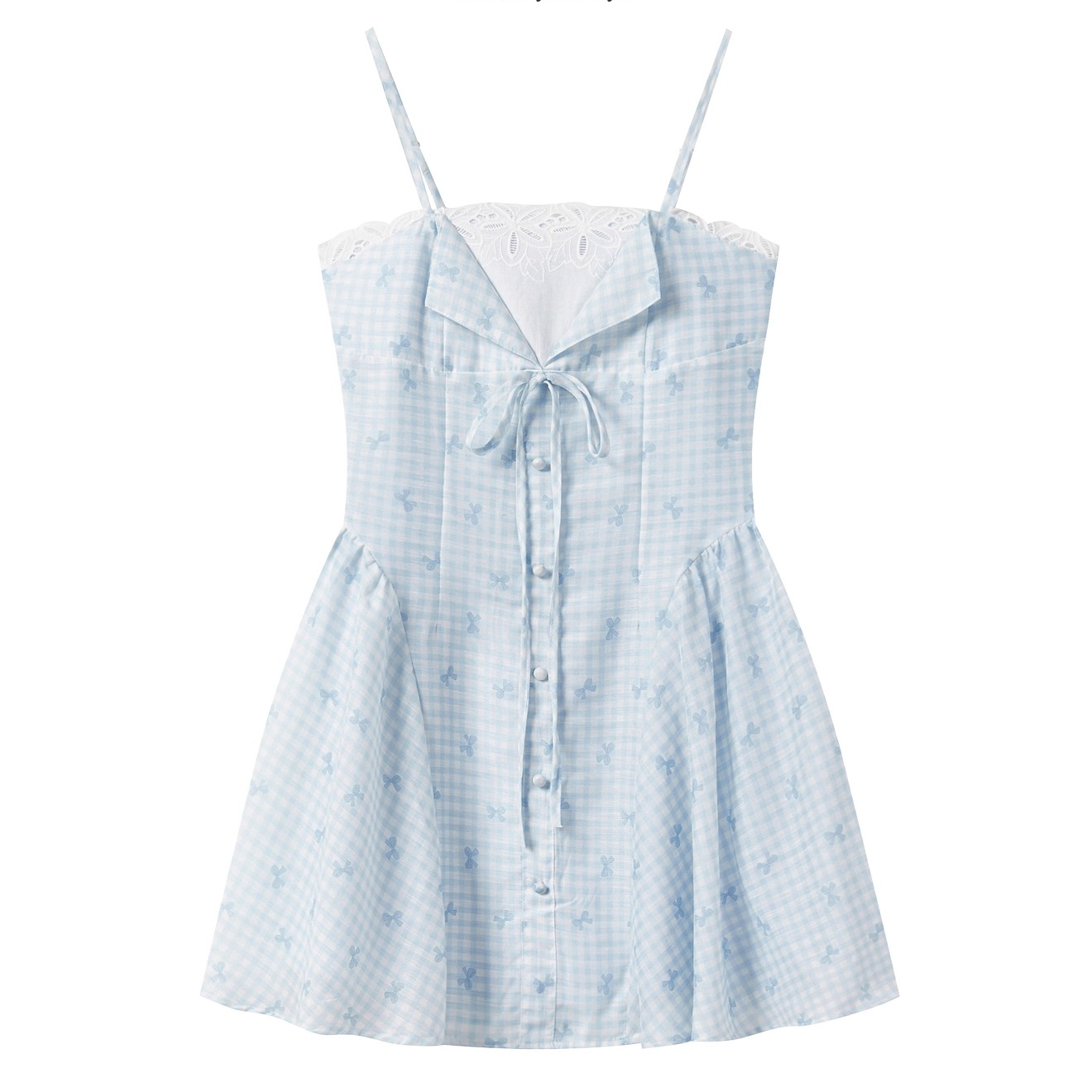 羊城故事-蓝色格子印花吊带连衣裙女夏季甜美收腰a字短裙7327