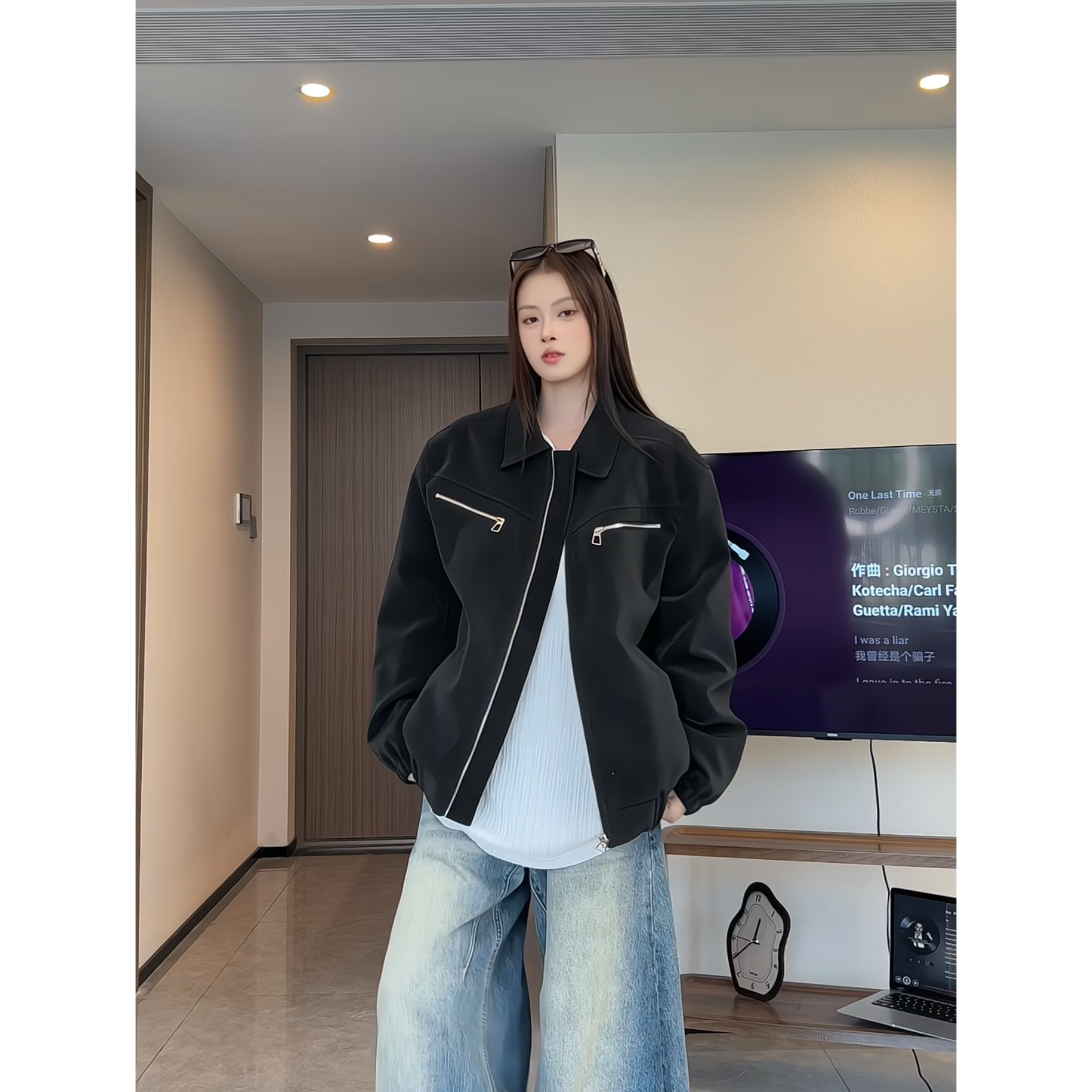 PLQV新款美式复古格子休闲百搭夹克情侣宽松运动高街拉链大口袋潮