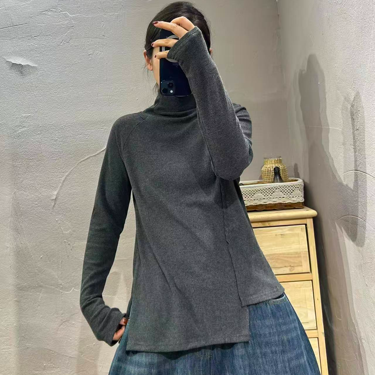 【半奏】冬季新款复古文艺澳绒不规则软糯高弹打底衫 胸104-124长59