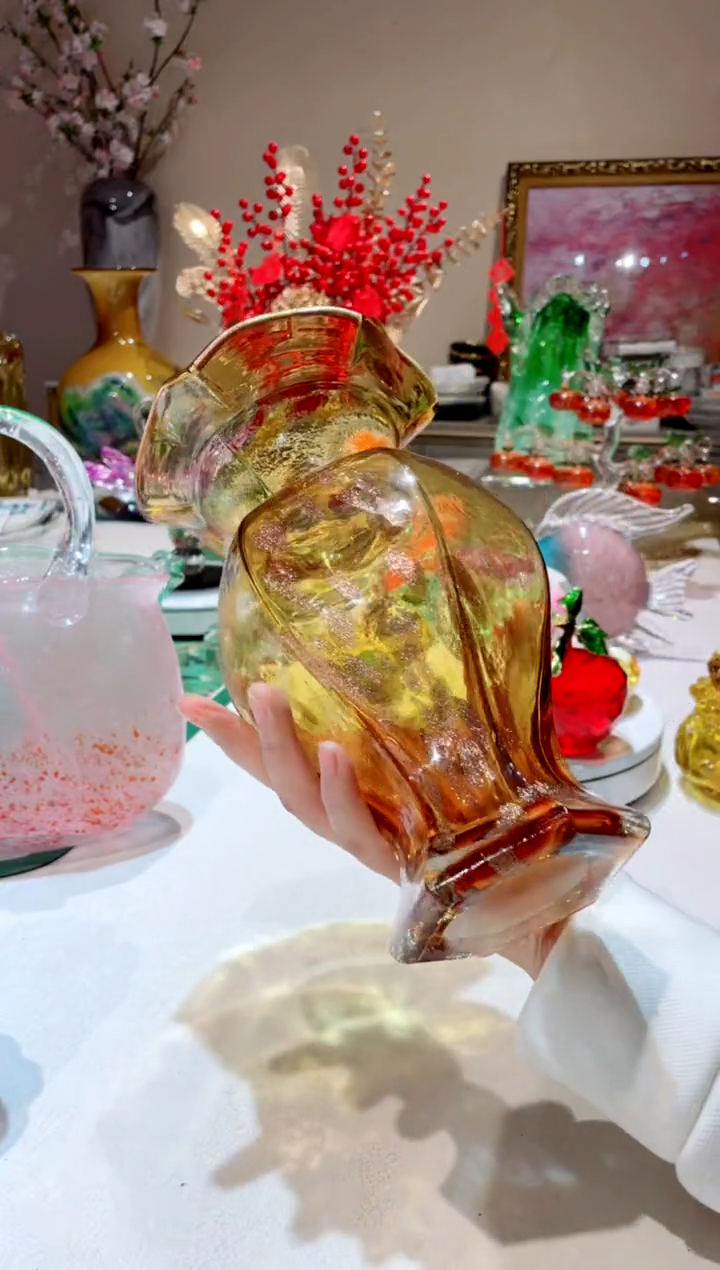 【闪购商品】琉璃手工艺品高款金色透明芬顿花瓶  微瑕