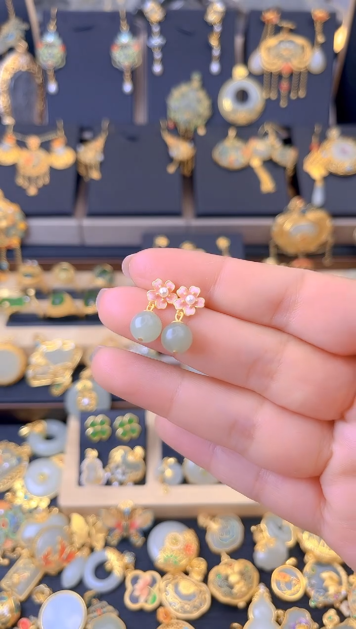 【闪购商品】和田玉耳坠银S925镀金镶嵌小花花耳坠