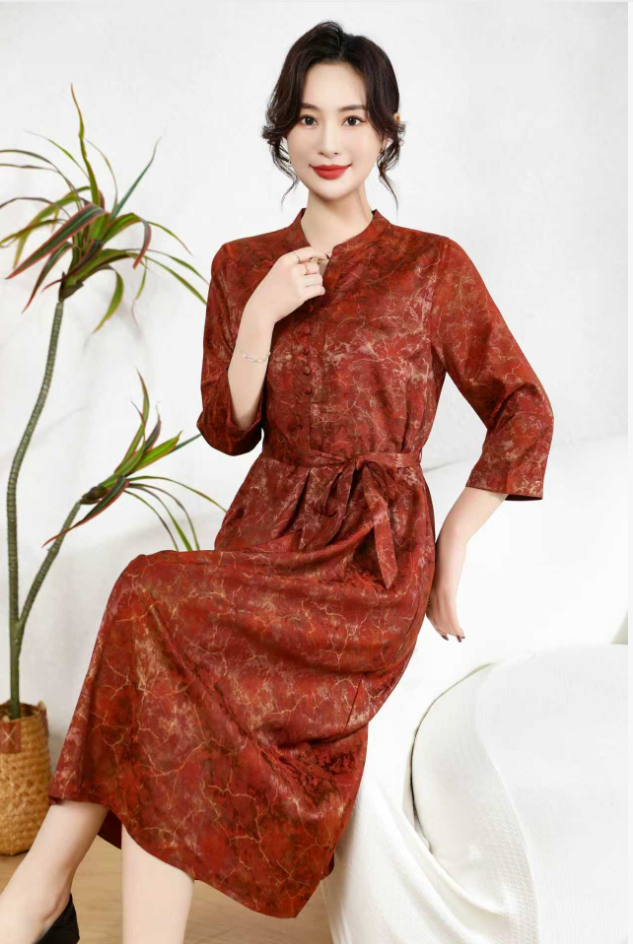 朱翎V111真丝连衣裙气质时尚时尚夏季中长款收腰显瘦修身