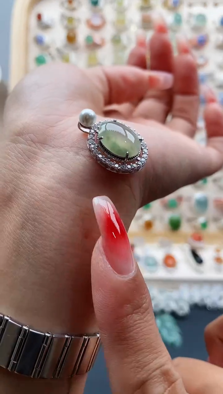 【闪购商品】翡翠戒指银S925镶嵌缅甸天然A货翡翠333 3+8