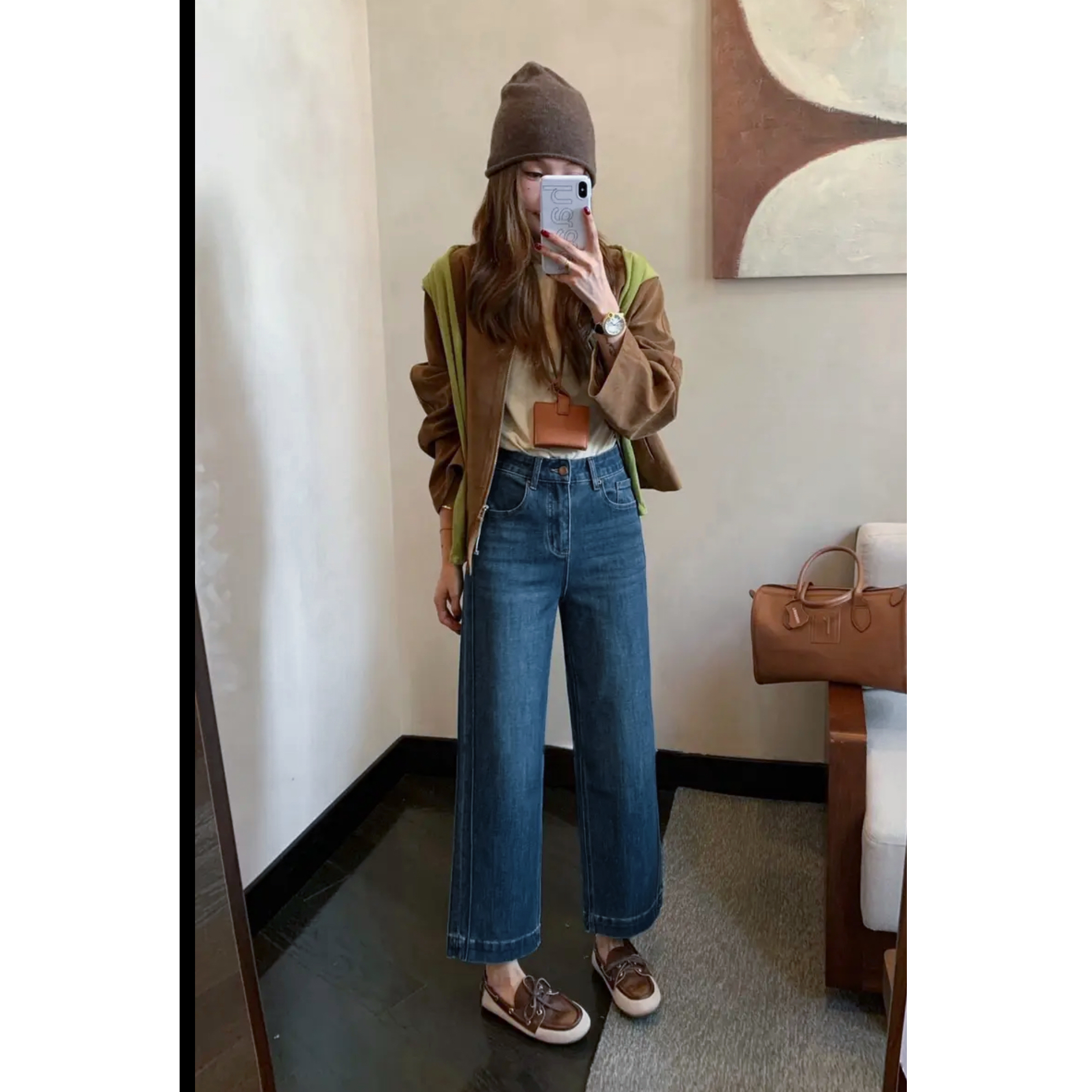 深蓝色百搭直筒牛仔裤女秋冬厚绒保暖大码胖mm腿粗显瘦窄版阔腿裤