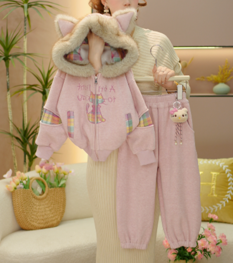 逗小铺【七尚HY】加绒女童加厚开衫外套洋气运动连帽套装Q961